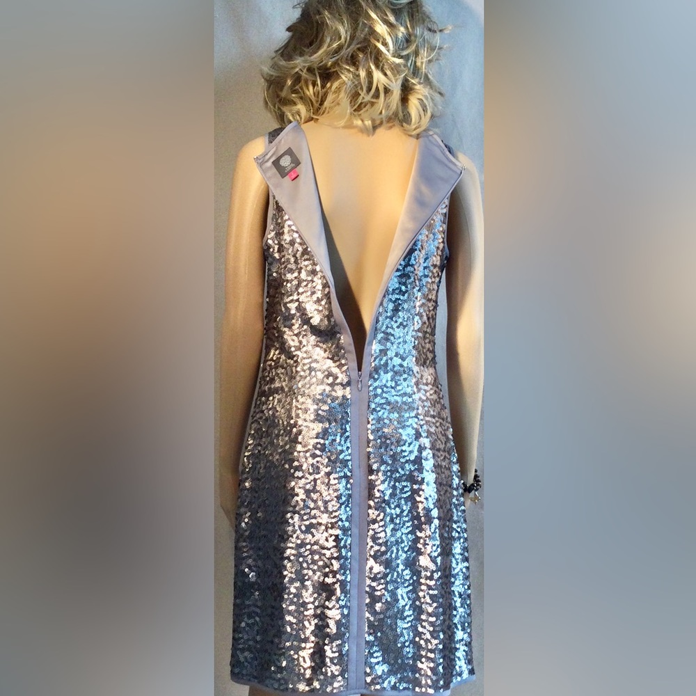 VINCE CAMUTO silver and gray sequined shift midi dress Sleeveless Crew neck S 6 - Picture 4 of 14